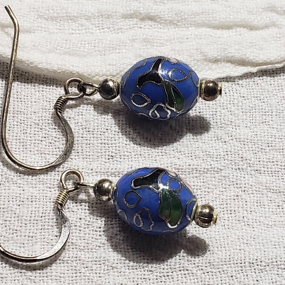 Beautiful Vintage Cloisonne Enamel Dangle Bead Earrings Sterling Silver - Picture 2 of 5